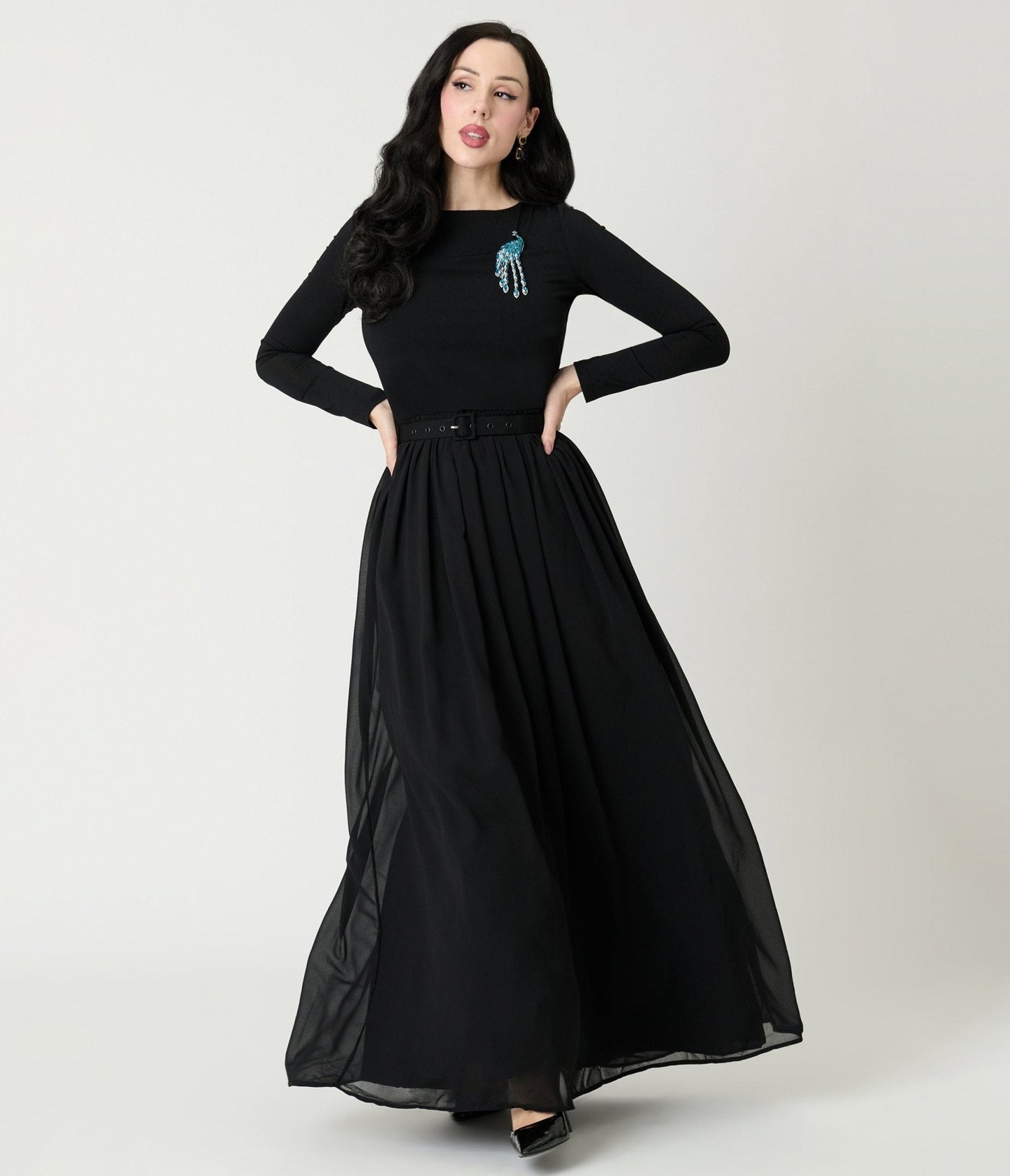 Unique Vintage Black & Peacock Brooch Maxi Dress