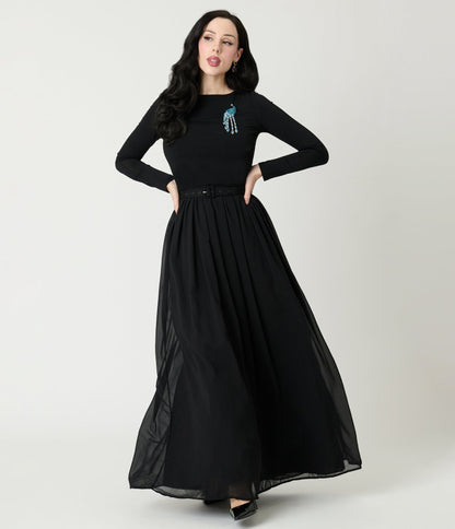 Unique Vintage Black & Peacock Brooch Maxi Dress