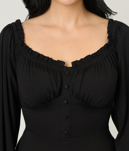 Unique Vintage Black Peasant Sleeve Swing Dress