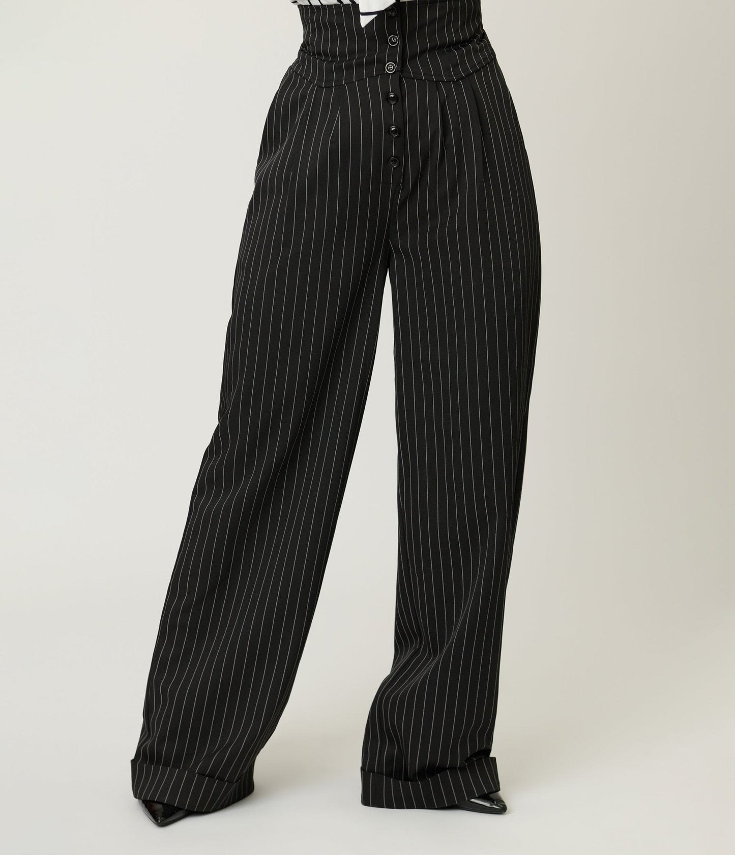 Unique Vintage Black Pinstripe High Waist Trousers