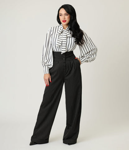 Unique Vintage Black Pinstripe High Waist Trousers