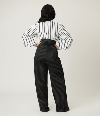 Unique Vintage Black Pinstripe High Waist Trousers