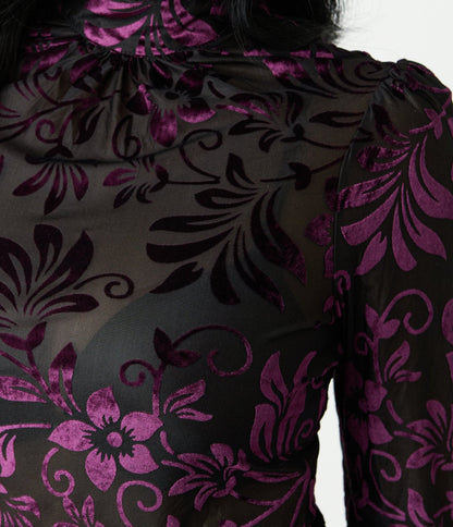 Unique Vintage Black & Purple Floral Velvet Burnout Donna Blouse