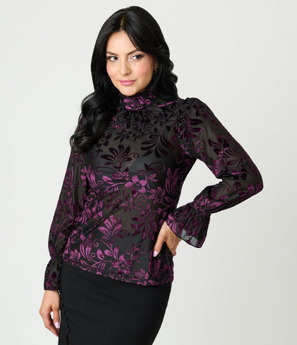 Unique Vintage Black & Purple Floral Velvet Burnout Donna Blouse