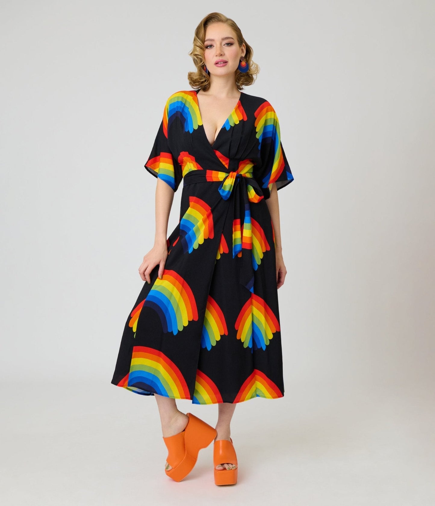 Unique Vintage Black Rainbow Wrap Midi Dress