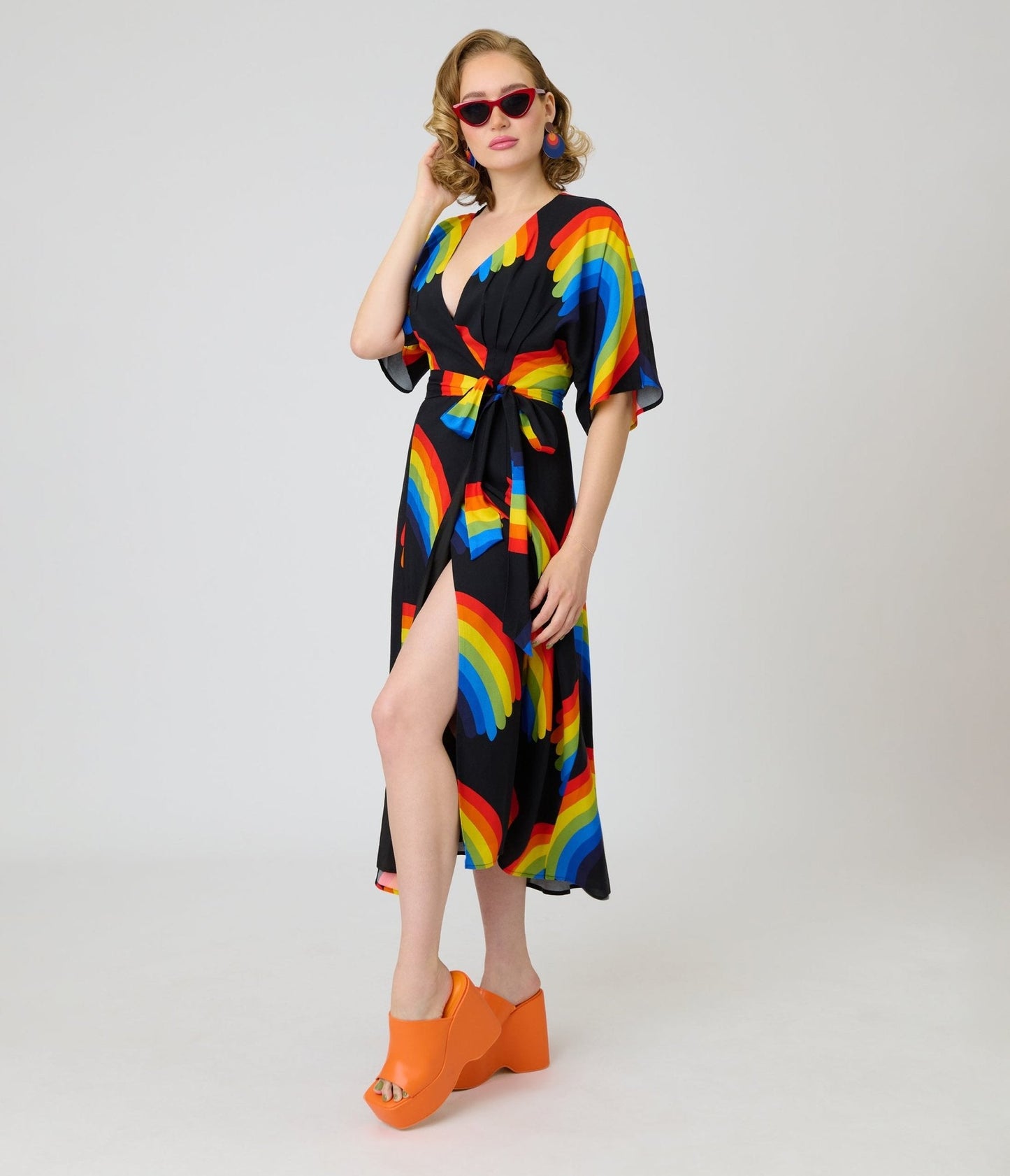 Unique Vintage Black Rainbow Wrap Midi Dress