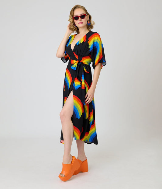 Unique Vintage Black Rainbow Wrap Midi Dress