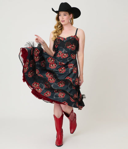 Unique Vintage Black & Rose Print Fringe Girlie Swing Dress