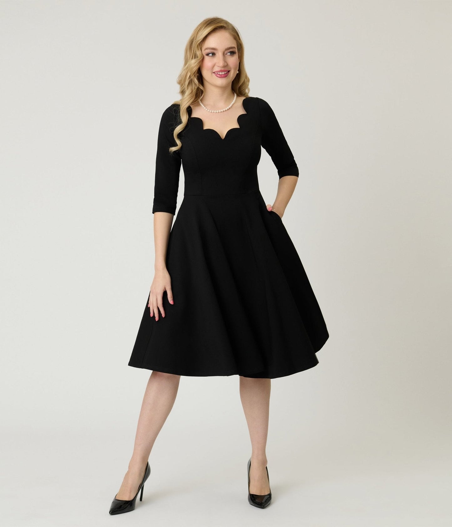 Unique Vintage Black Scalloped Neck Swing Dress