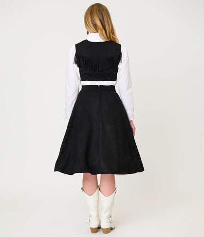 Unique Vintage Black & Silver Rhinestone Stars Western Suede Swing Skirt