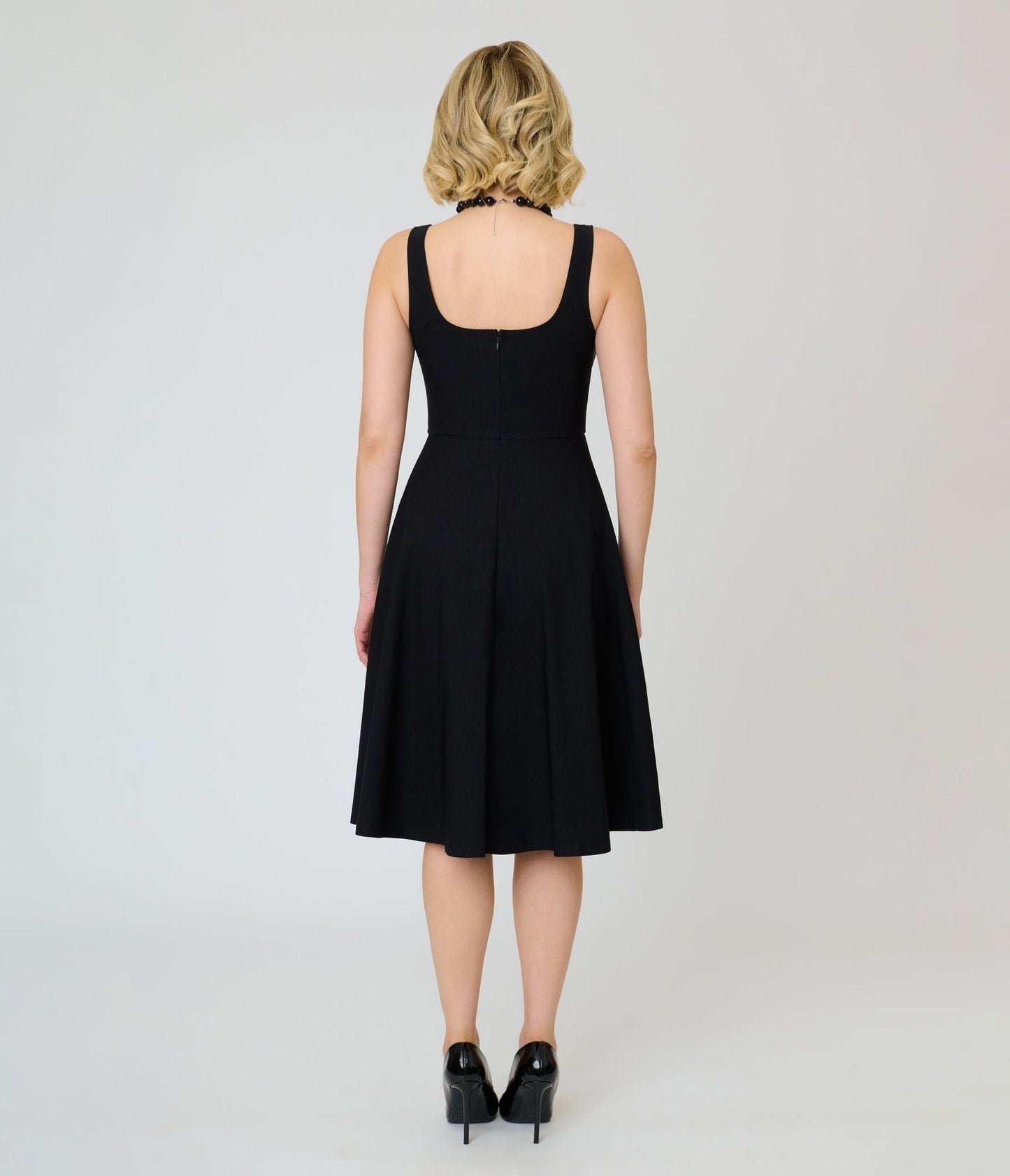 Unique Vintage Black Square Neck Pleated Swing Dress