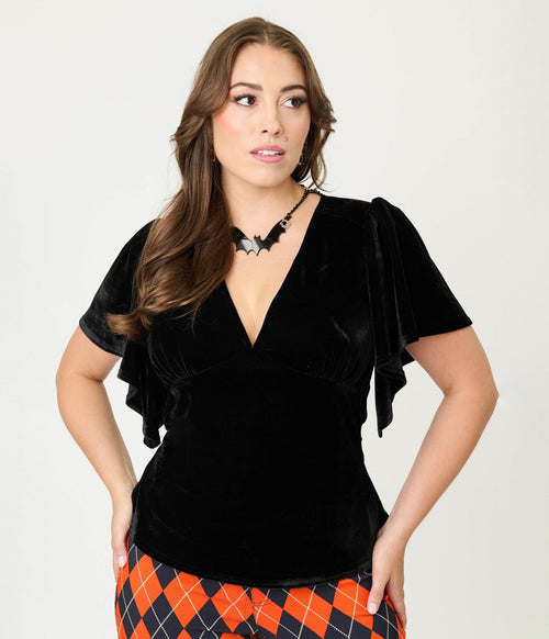Unique Vintage Black Velvet Flutter Sleeve Top