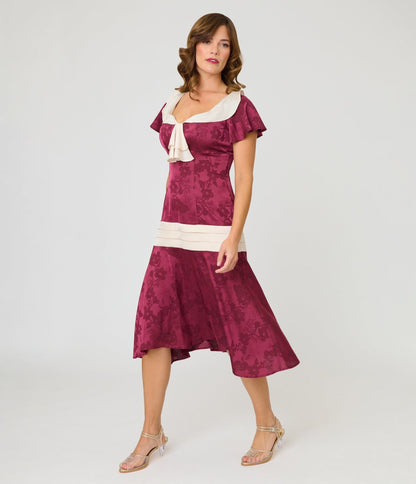 Unique Vintage Burgundy & Ivory Wilshire Flapper Dress