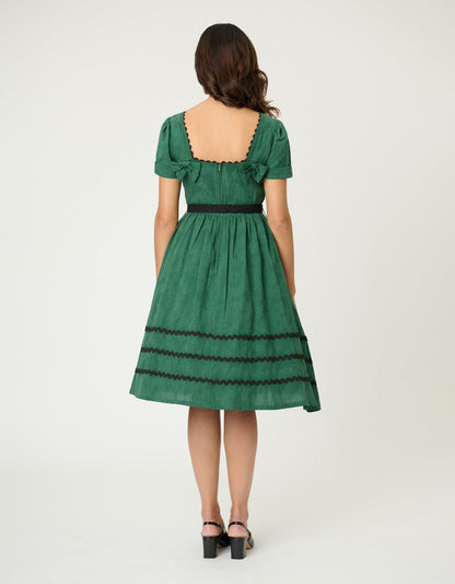 Unique Vintage Emerald Cotton Jaquard Swing Dress