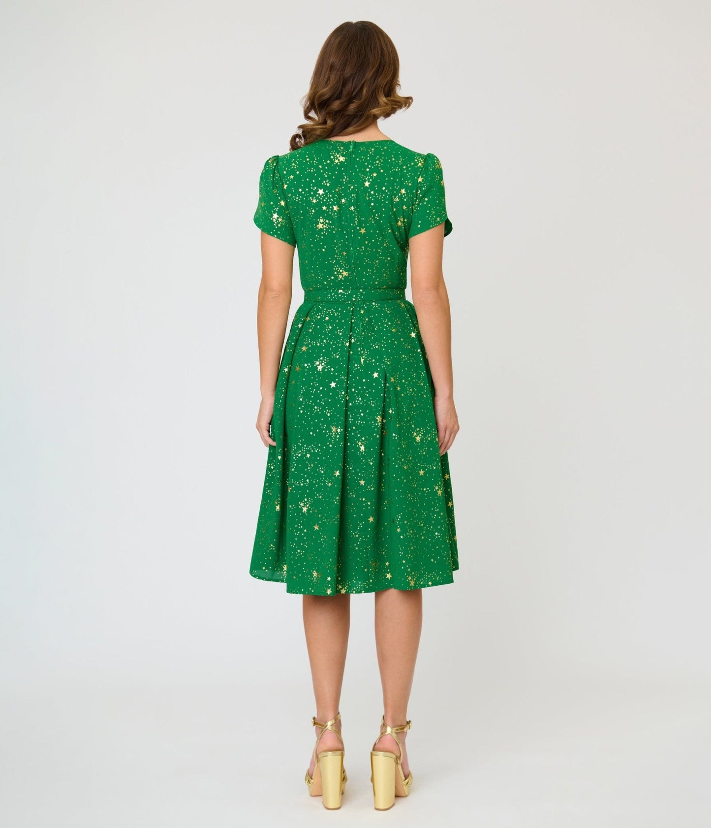 Unique Vintage Green & Gold Star Dahlia Swing Dress
