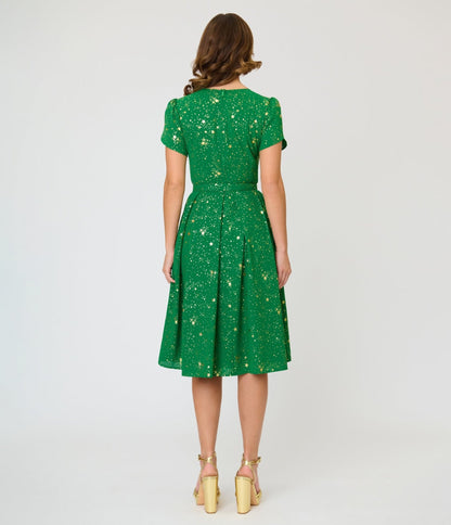 Unique Vintage Green & Gold Star Dahlia Swing Dress