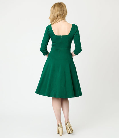 Unique Vintage Green Square Neck Swing Dress