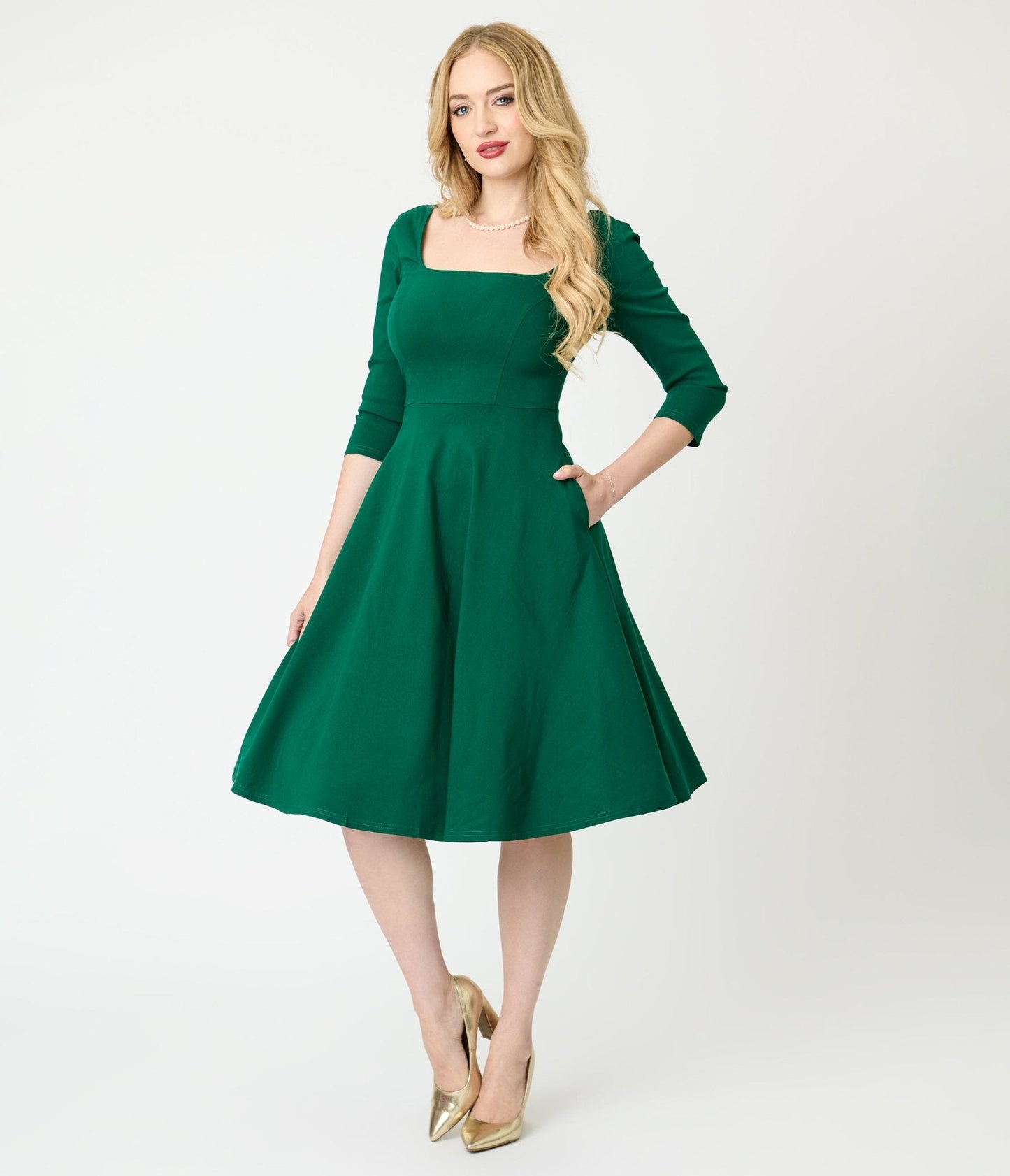 Unique Vintage Green Square Neck Swing Dress