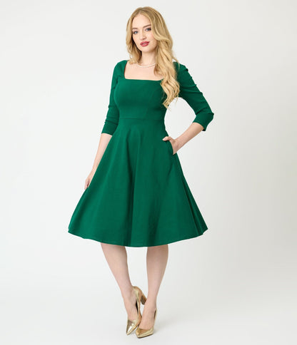 Unique Vintage Green Square Neck Swing Dress