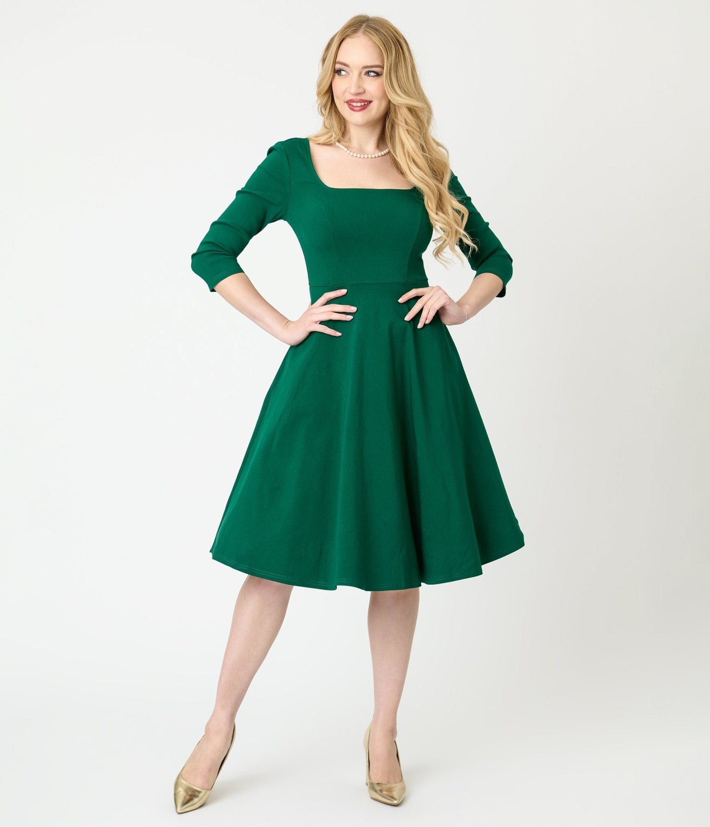 Unique Vintage Green Square Neck Swing Dress