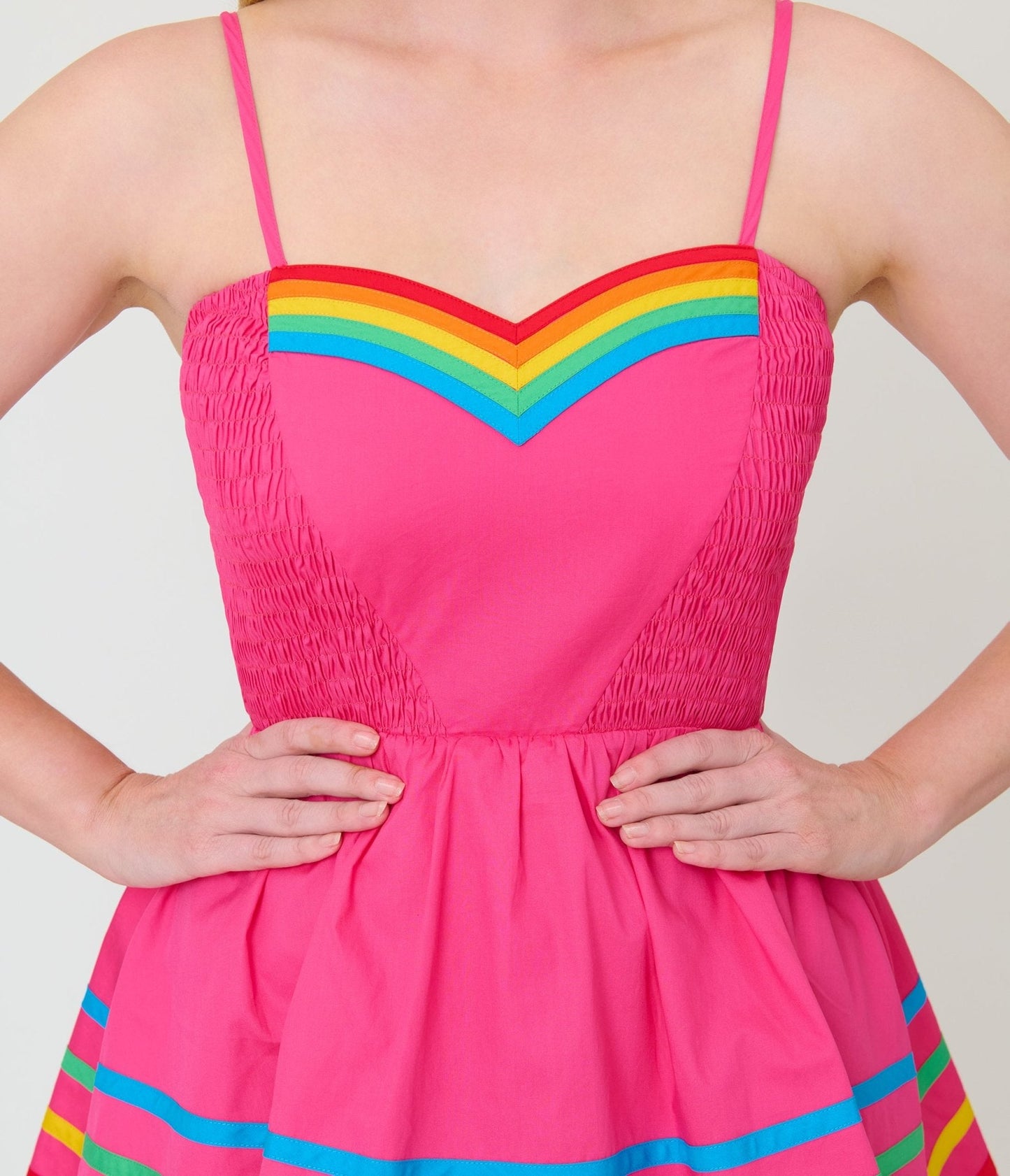 Unique Vintage Hot Pink & Rainbow Cotton Skirted Romper