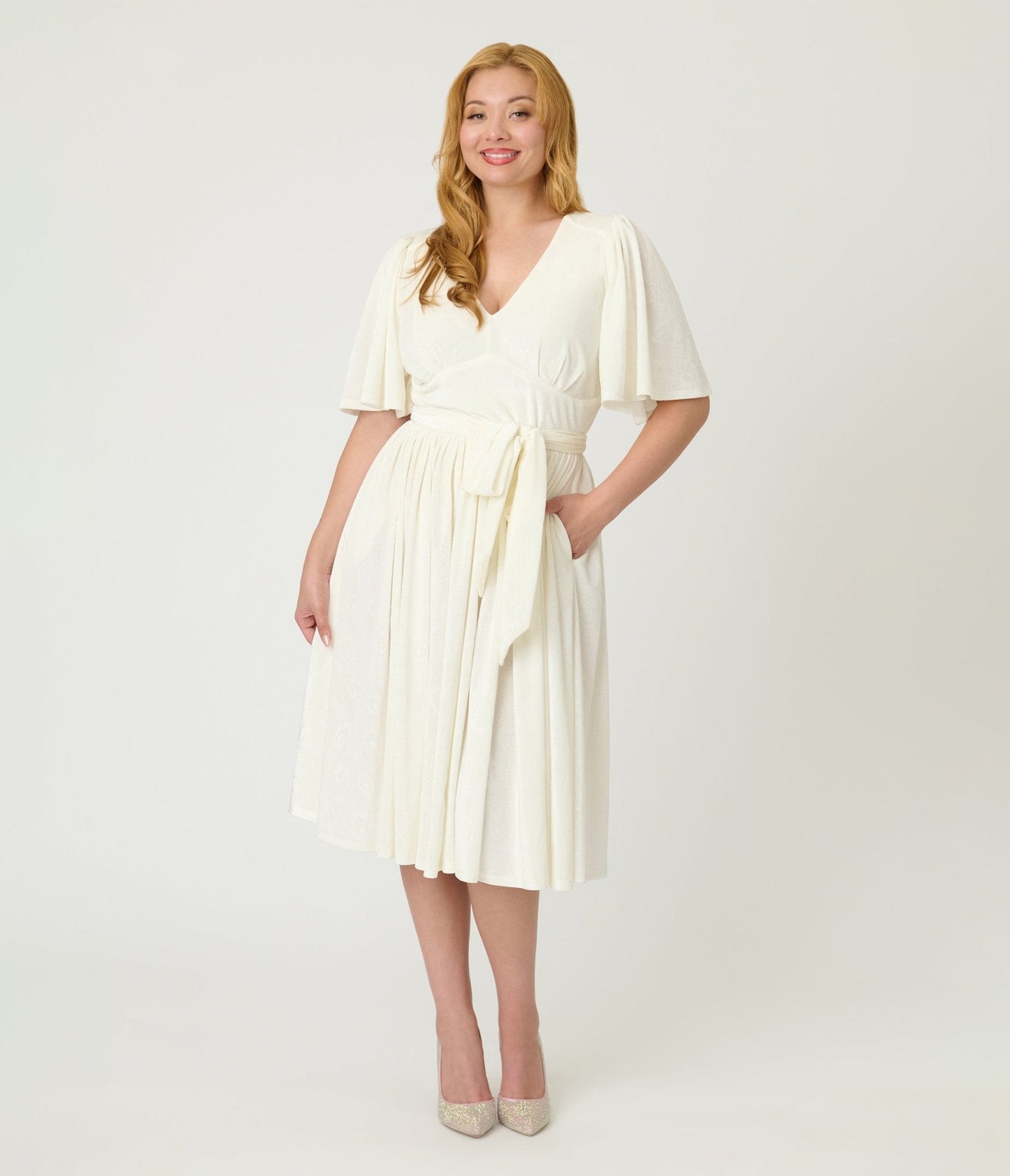 Unique Vintage Ivory Peacock Embossed Velvet Flutter Sleeve Lenora Swing Dress