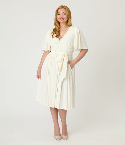 Unique Vintage Ivory Peacock Embossed Velvet Flutter Sleeve Lenora Swing Dress