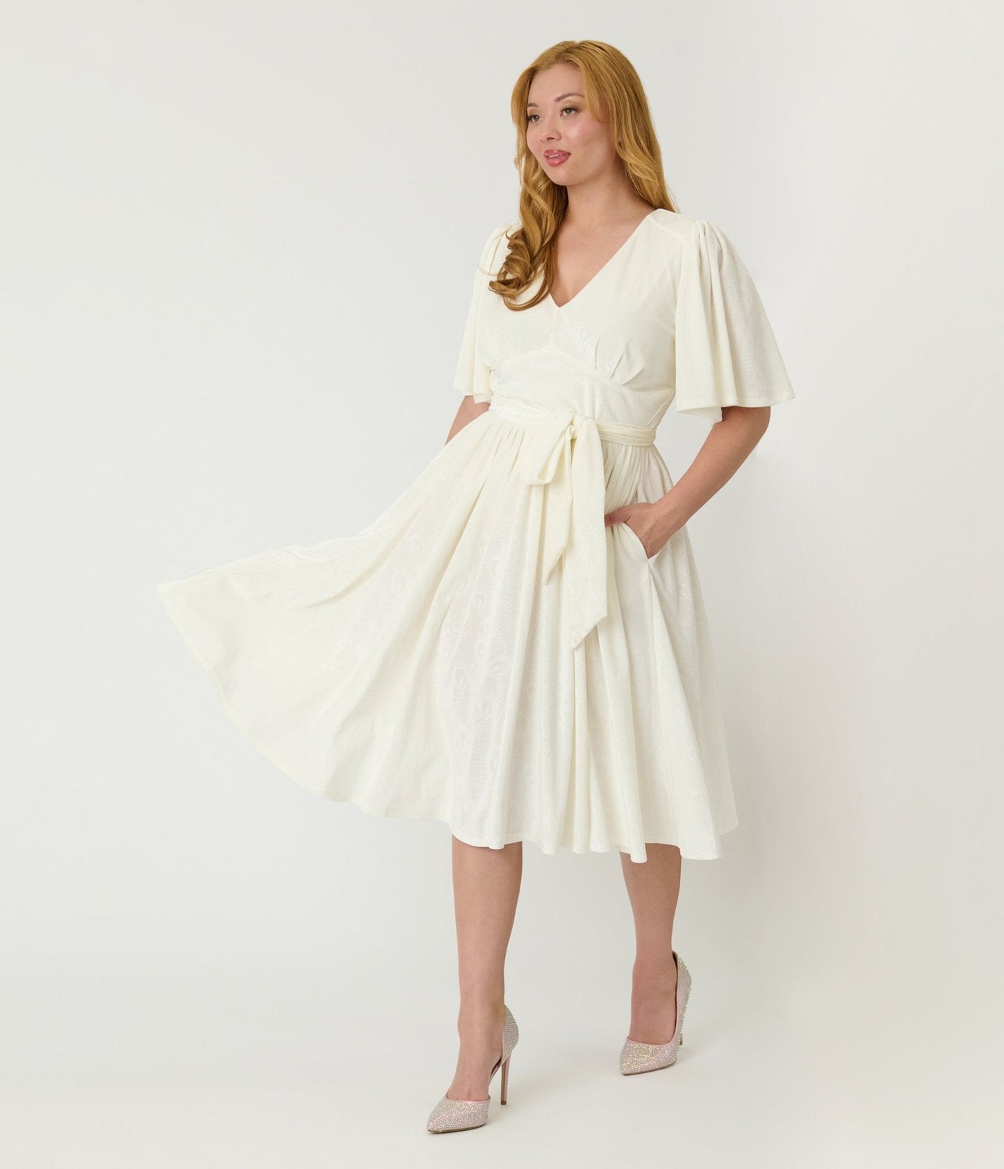 Unique Vintage Ivory Peacock Embossed Velvet Flutter Sleeve Lenora Swing Dress