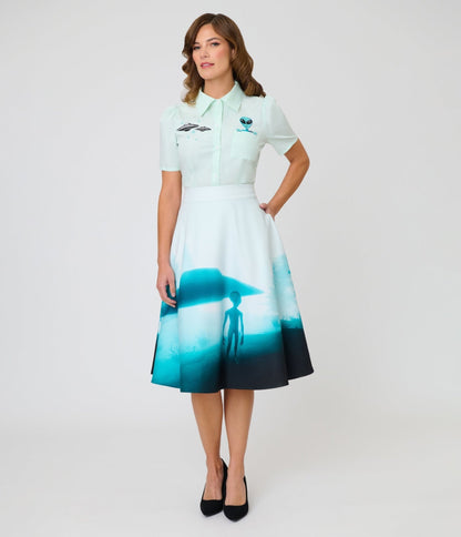 Unique Vintage Mint Alien & UFO Collared Blouse