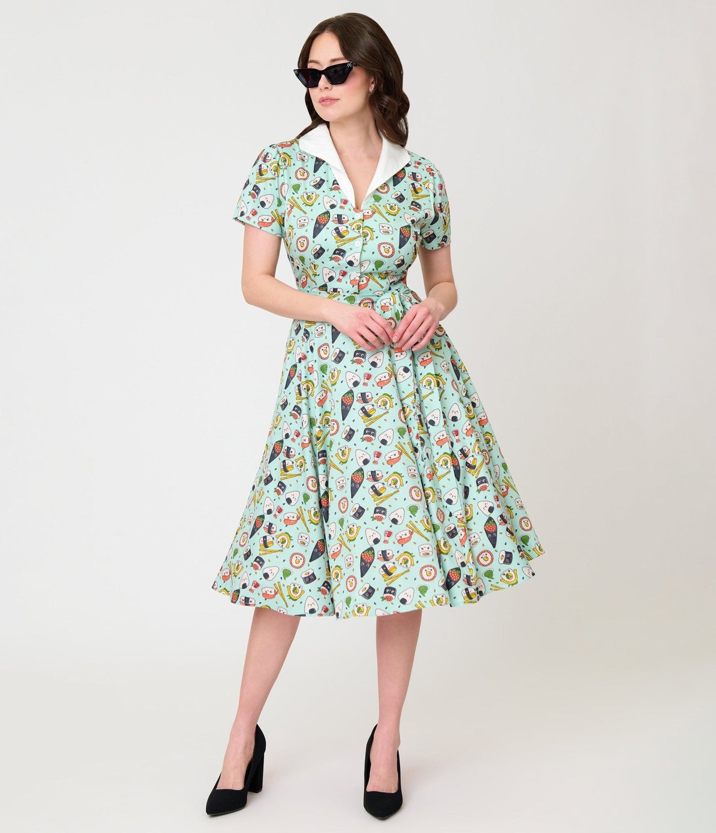 Unique Vintage Mint Sushi Print Shirt Dress