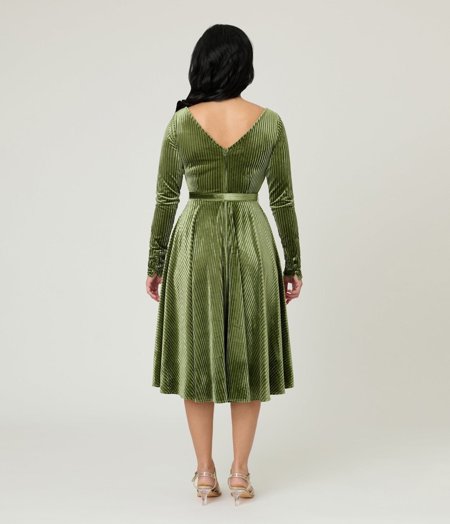 Unique Vintage Olive Green Long Sleeve Devon Swing Dress