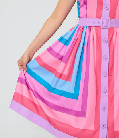 Unique Vintage Pastel Purple & Blue Stripe Sleeveless Button Swing Dress