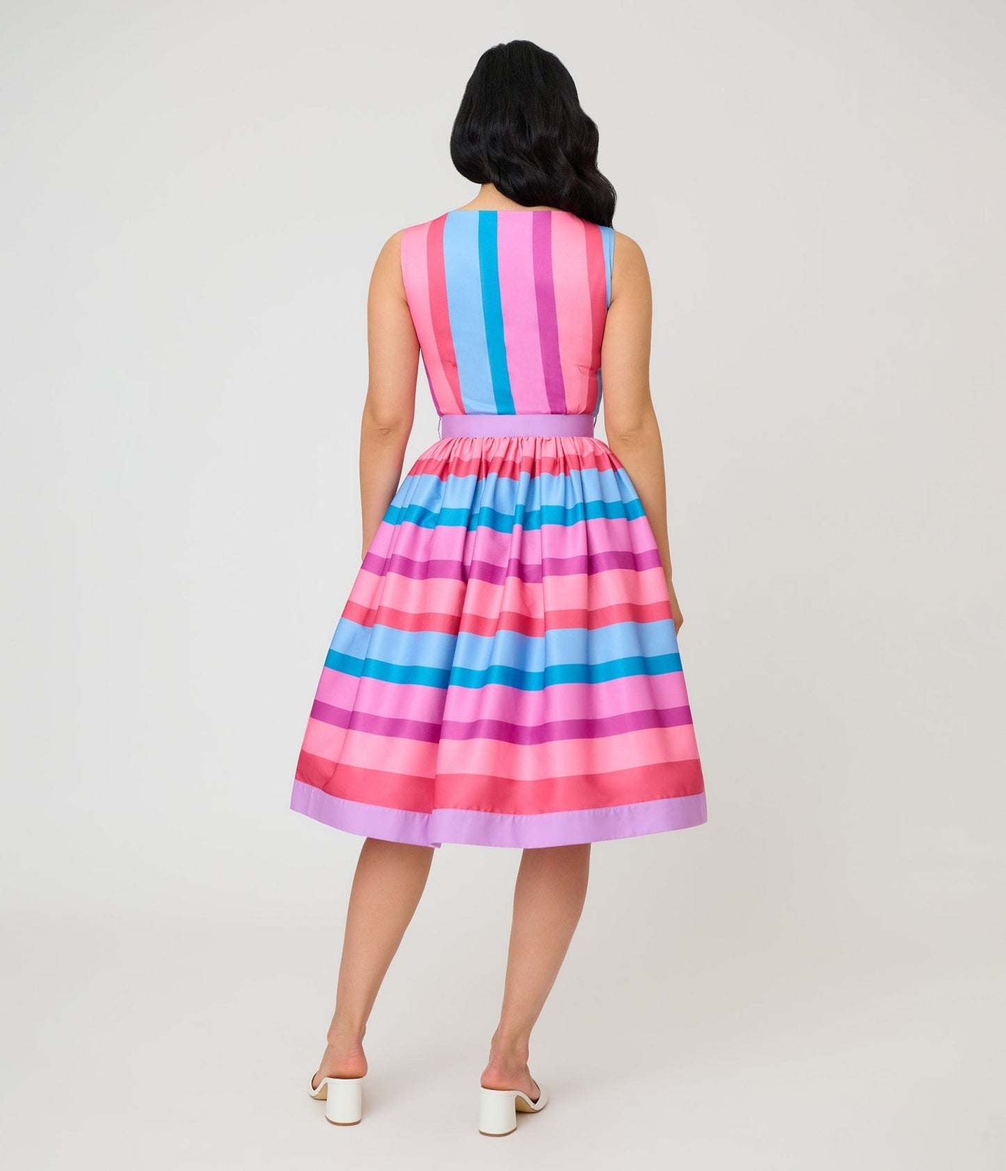Unique Vintage Pastel Purple & Blue Stripe Sleeveless Button Swing Dress