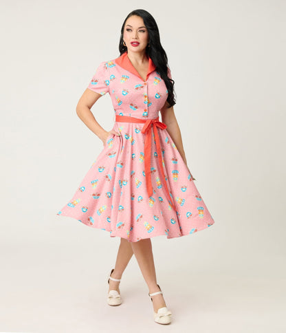 Unique Vintage Pink Pyrex Print Cotton Shirt Dress