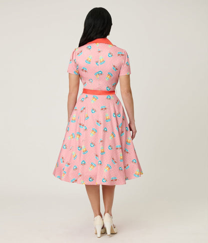 Unique Vintage Pink Pyrex Print Cotton Shirt Dress