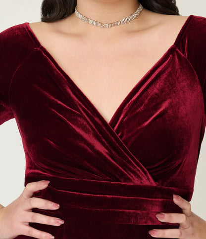 Unique Vintage Plus Size Burgundy Velvet Off the Shoulder Surplice Pencil Dress