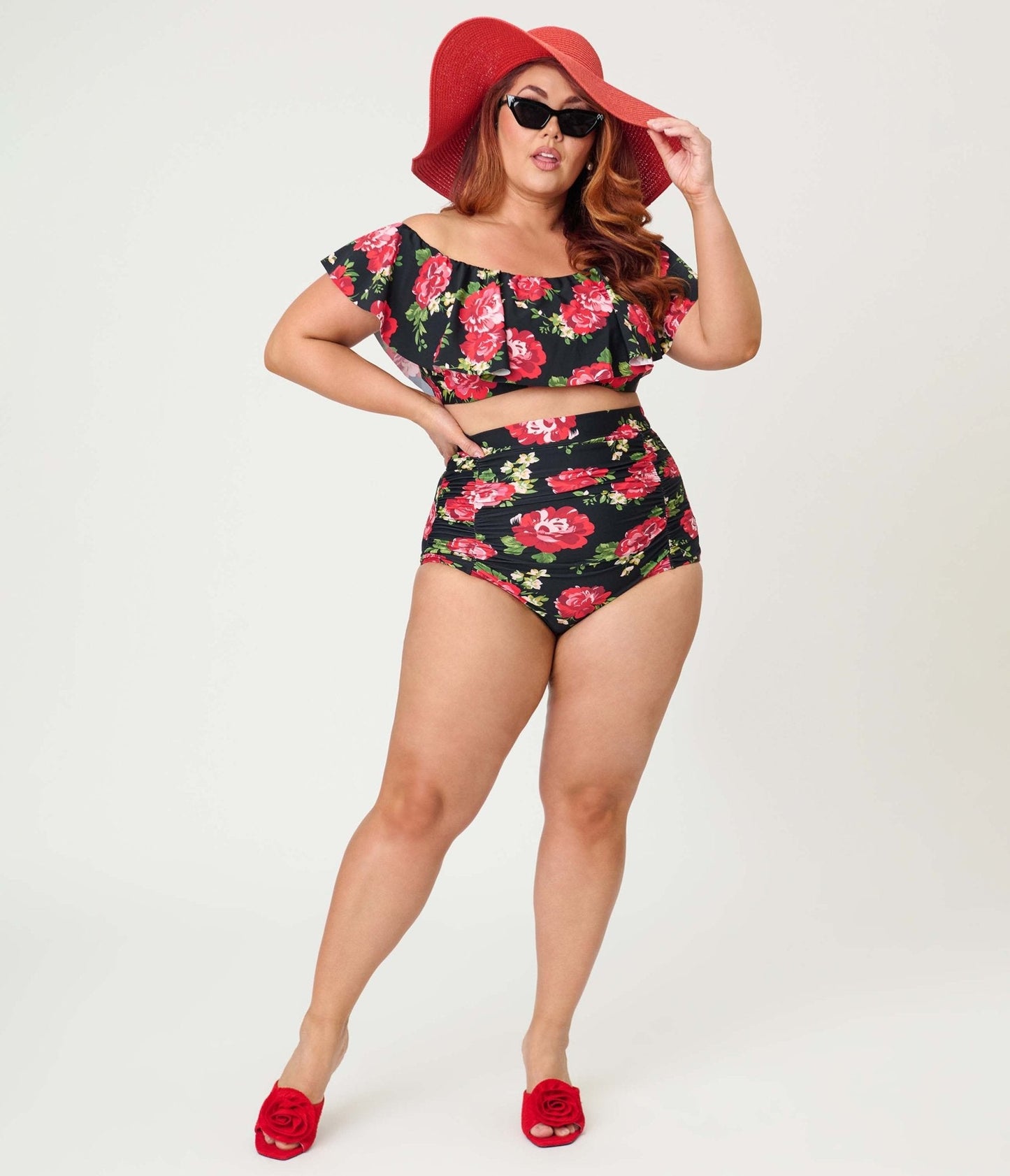 Unique Vintage Plus Size Cabbage Roses Monroe High Waist Swim Bottom