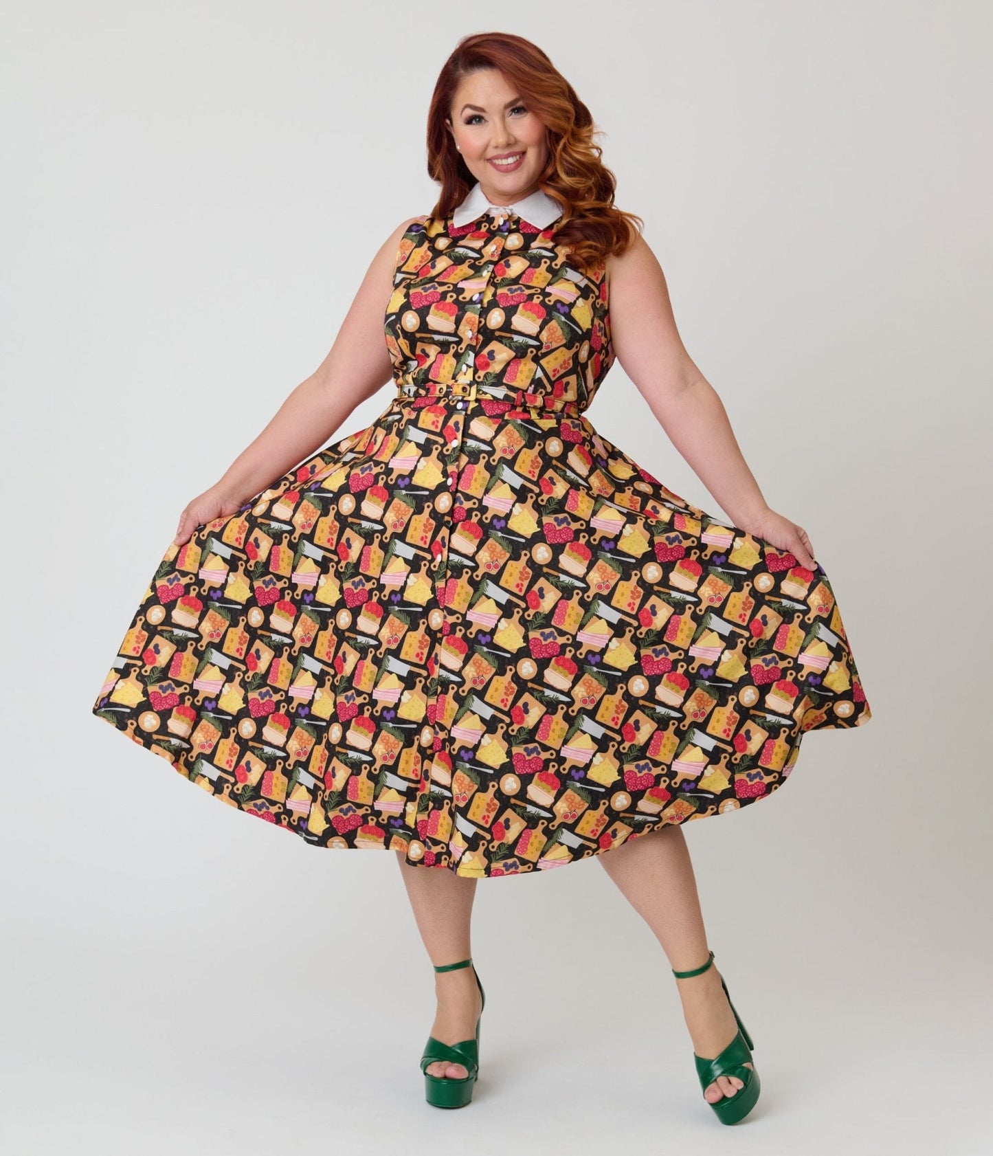 Unique Vintage Plus Size Charcuterie Print Darlene Swing Dress