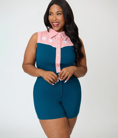 Unique Vintage Plus Size Dark Teal & Pink Rodeo Ready Romper