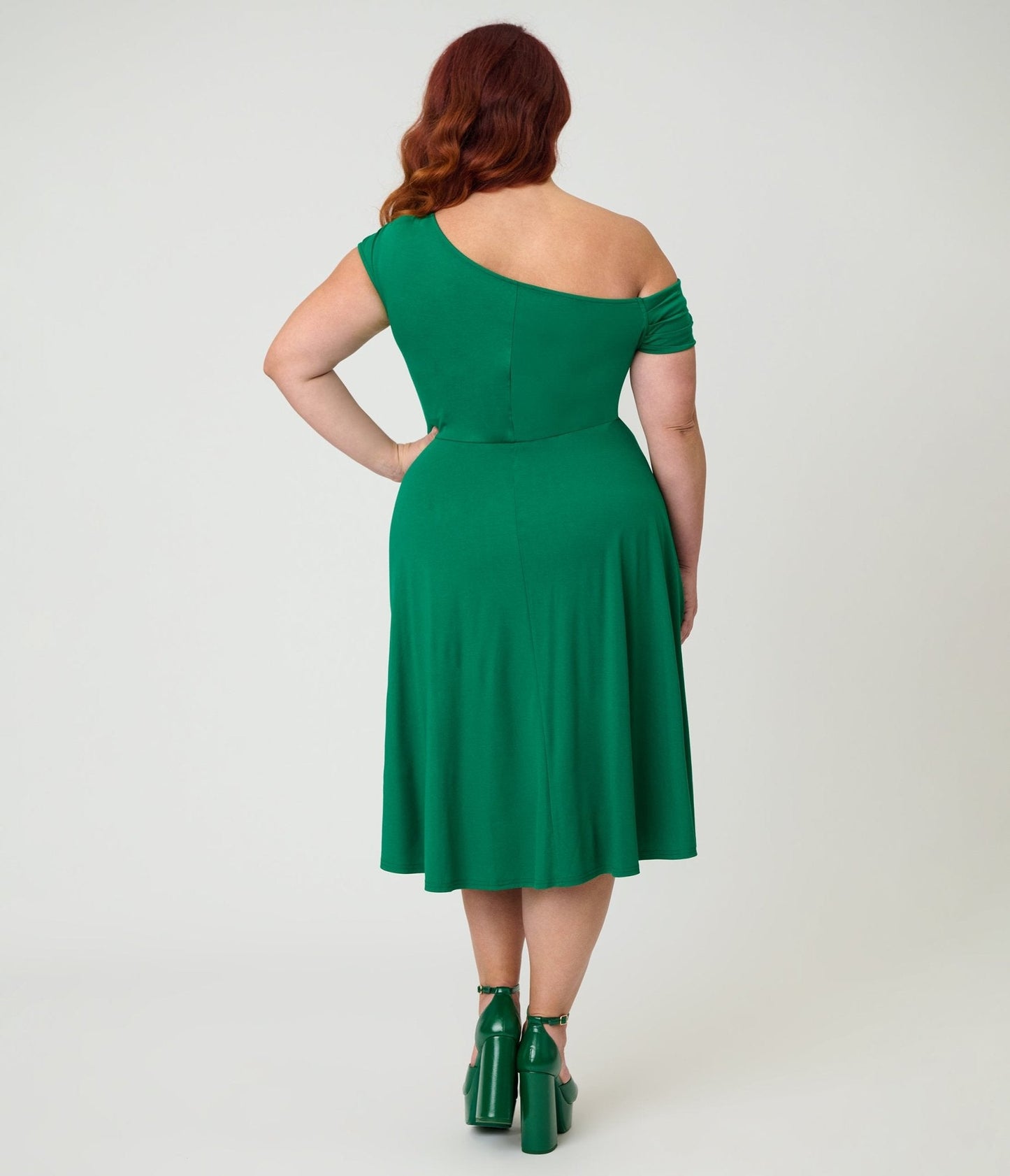 Unique Vintage Plus Size Green Asymmetrical Neck Swing Dress