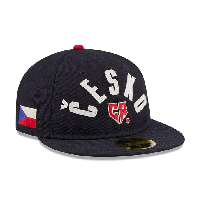 Pictured is this WBC Classical Script Czech Republic Retro Crown 59FIFTY Fitted cap in navy. 1