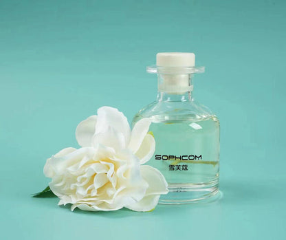 Clear glass perfume bottle with white flower and aqua background