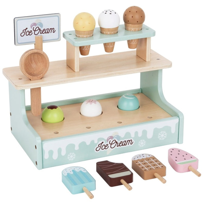 Wooden ice cream shop set with mint-green stand, three ice cream cones, colorful scoops, and popsicles displayed on two