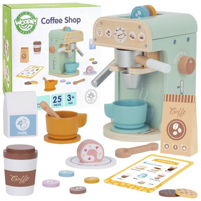 Woopie Coffee Shop wooden barista set box showing 25-piece playset with sage green coffee machine and accessories