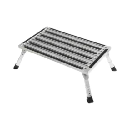 Extra large folding caravan step with adjustable legs for uneven ground